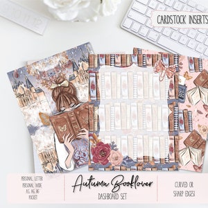 May include: A set of three printable dashboard inserts for a planner or journal. The inserts feature a whimsical illustration of a woman reading a book with a castle in the background. The text "Autumn Booklover Dashboard Set" is printed on the bottom of the inserts.