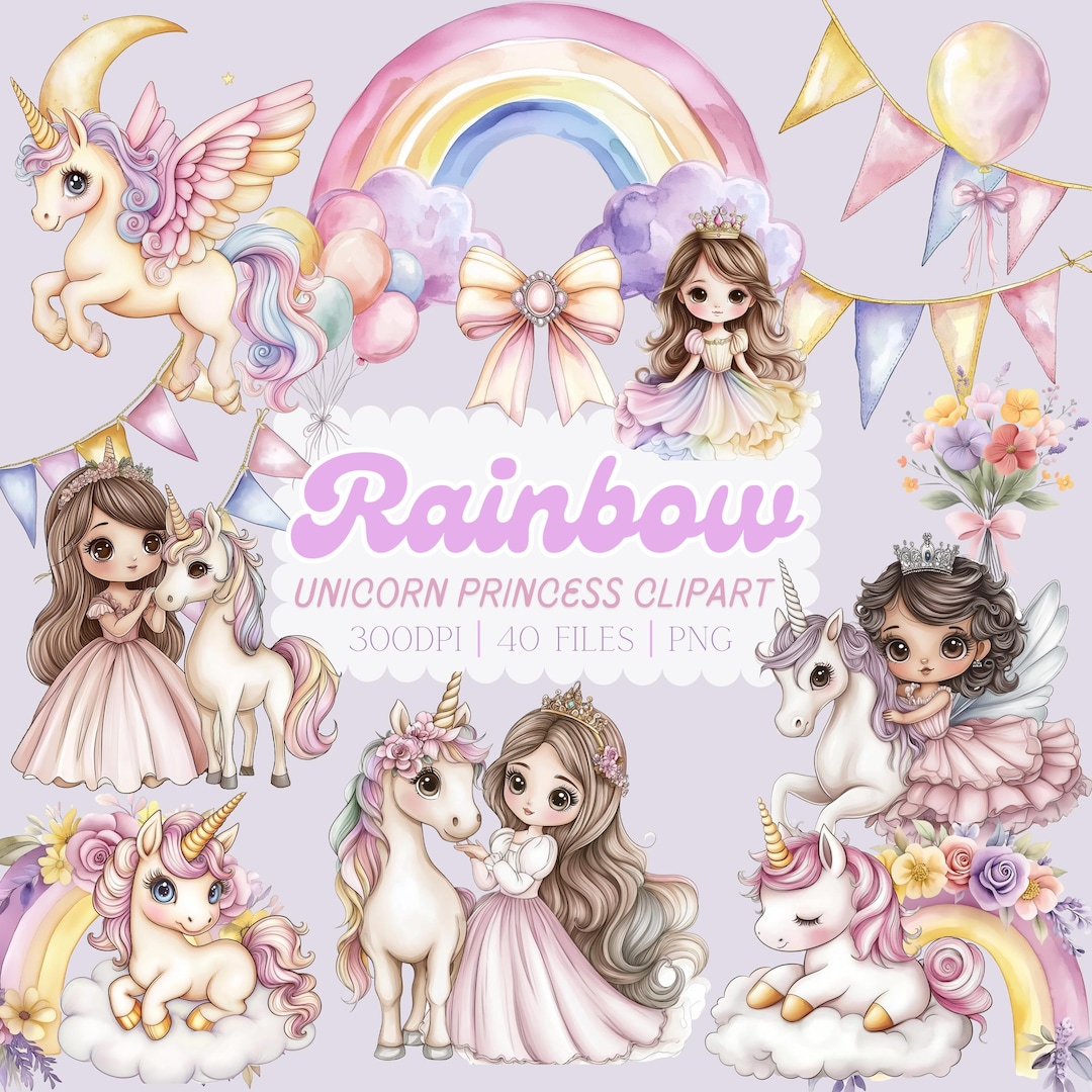 Watercolor Unicorn Princess Clipart Bundle, Pastel Rainbow PNG ...