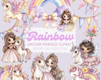 Watercolor Unicorn Princess Clipart Bundle, Pastel Rainbow PNG, Birthday Party Invitation, Nursery Decor Kids Clipart, Digital Download