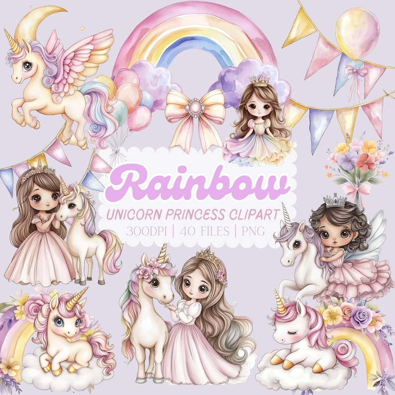 Watercolor Unicorn Princess Clipart Bundle, Pastel Rainbow PNG ...