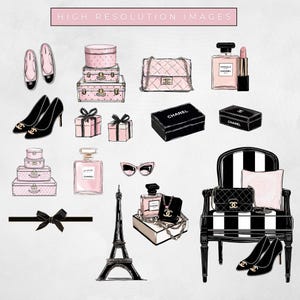 May include: An illustration featuring various fashion accessories and items, including pink luggage, handbags, high heels, perfume, sunglasses, and a black bow. The image also includes a black and white striped chair and the Eiffel Tower.