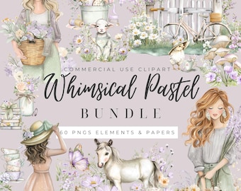 Cottagecore Clipart Bundle, 60 Pastel Watercolor PNG, Whimsical Woodland Animals, Vintage Cottage Scenes, Junk Journal Digital Download