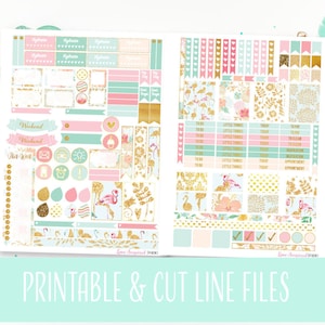 May include: Printable planner stickers featuring a flamingo, floral, and gold glitter theme. The stickers include various shapes and sizes, such as banners, boxes, and circles. The stickers are designed for use in a planner or journal.