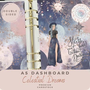 A5-plannerdecoraties hemels thema, Galaxy Starry-dashboardset, geperforeerde omslag, dubbelzijdige logboekkaarten, compatibel met Kikki K