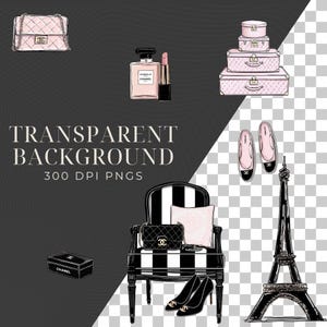 May include: An illustration featuring a pink quilted handbag, perfume, lipstick, a stack of pink suitcases, a pair of ballet flats, a black and white striped chair, a black handbag, a pillow, a pair of high heels, a jewelry box, and the Eiffel Tower. The text "TRANSPARENT BACKGROUND 300 DPI PNGS" is also visible.