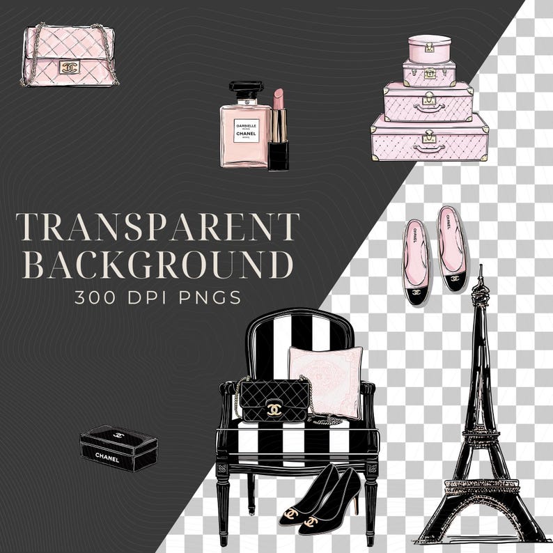 May include: An illustration featuring a pink quilted handbag, perfume, lipstick, a stack of pink suitcases, a pair of ballet flats, a black and white striped chair, a black handbag, a pillow, a pair of high heels, a jewelry box, and the Eiffel Tower. The text "TRANSPARENT BACKGROUND 300 DPI PNGS" is also visible.