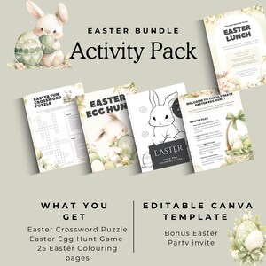 Può includere: Un pacchetto di attività pasquali con un design di coniglio ad acquerello. Il pacchetto include un cruciverba, un gioco di caccia alle uova, 25 pagine da colorare e un modello di invito a festa bonus. Il testo "Easter Bundle Activity Pack" è in cima all'immagine.
