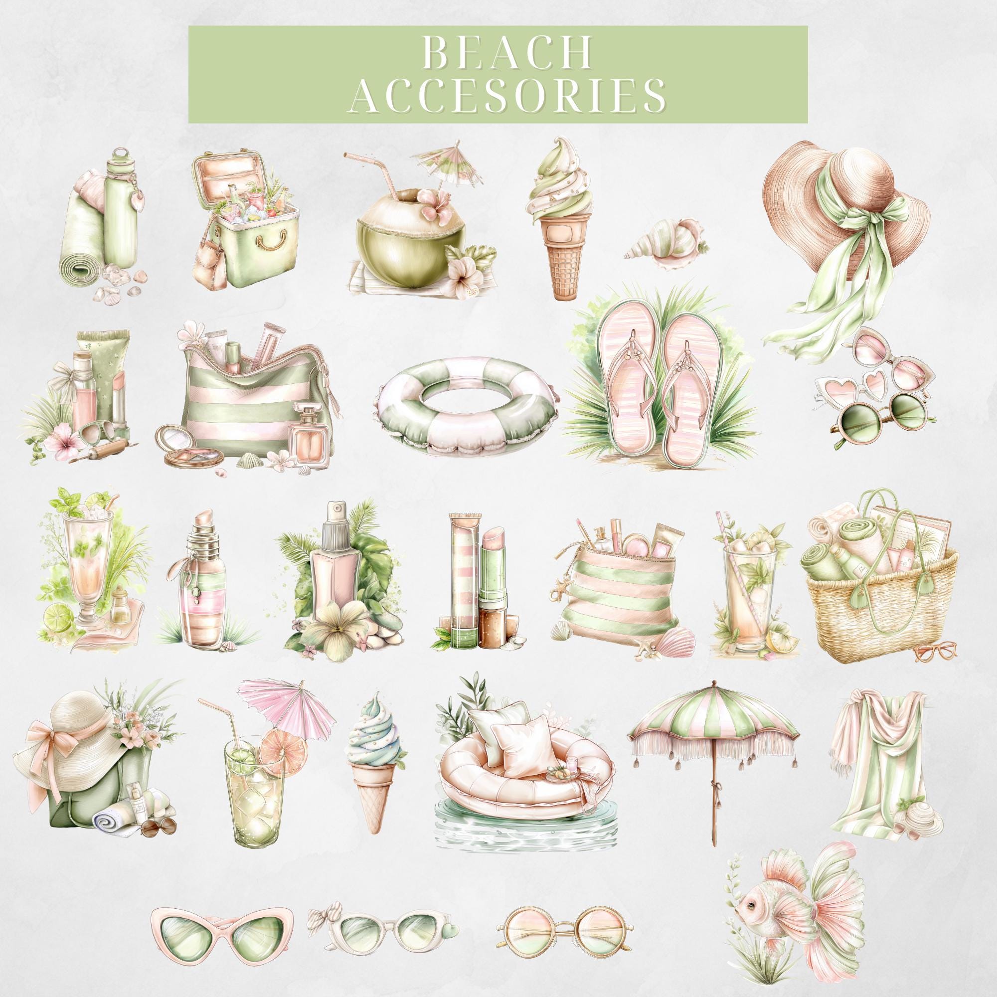 Beach Clipart Mega Bundle PNG, Tropical Palm Tree Watercolor, Pastel ...