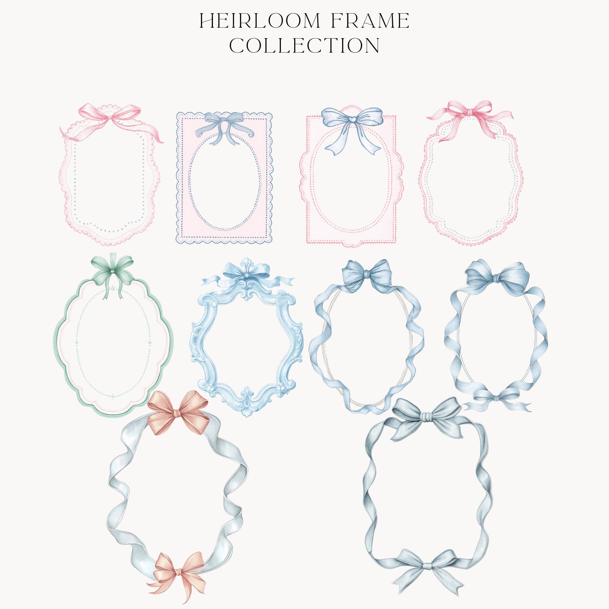 Heirloom Frame Clipart Bundle, Vintage Bow Frames PNG, Pastel Blue Pink ...