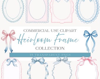 Heirloom Frame Clipart Bundle, Vintage Bow Frames PNG, Pastel Blue Pink Ornate Labels, Oval Scalloped Borders Baby Shower Wedding Invitation