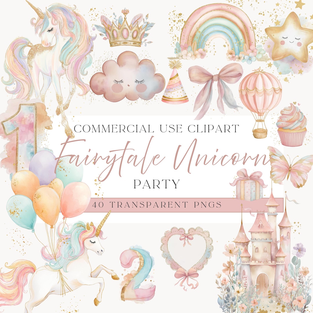 Pastel Unicorn Birthday Clipart Bundle PNG | Rainbow Unicorn Party ...
