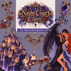 Pode incluir: Uma coleção digital de Night Court Clipart com 34 arquivos PNG transparentes. Os elementos incluem uma chave dourada, um espelho de mão, um castelo com cascatas, um pingente em forma de coração, envelopes, taças de vinho e um casal com asas.