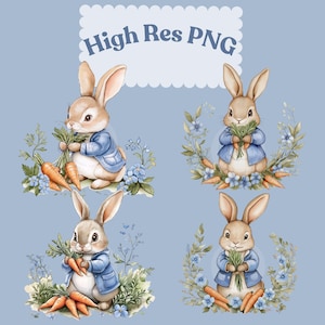 Set di 20 clipart di coniglietti ad acquerello, divertenti illustrazioni in stile coniglietto, animali del bosco vintage in formato PNG, arte per bambini, download digitale
