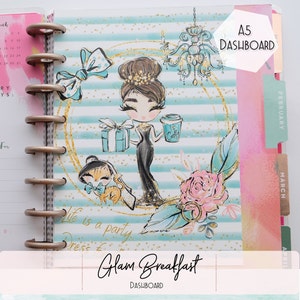 May include: A turquoise and gold A5 planner dashboard with the text "Glam Breakfast" and a cartoon illustration of a woman in a black dress holding a gift box and a cup of coffee. The background features a blue and white striped pattern with gold glitter.