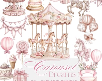 Carousel Horse Clipart Bundle PNG, Watercolor Unicorn Fairy Tale, Merry Go Round Princess, Birthday Invitation Nursery Decor Download