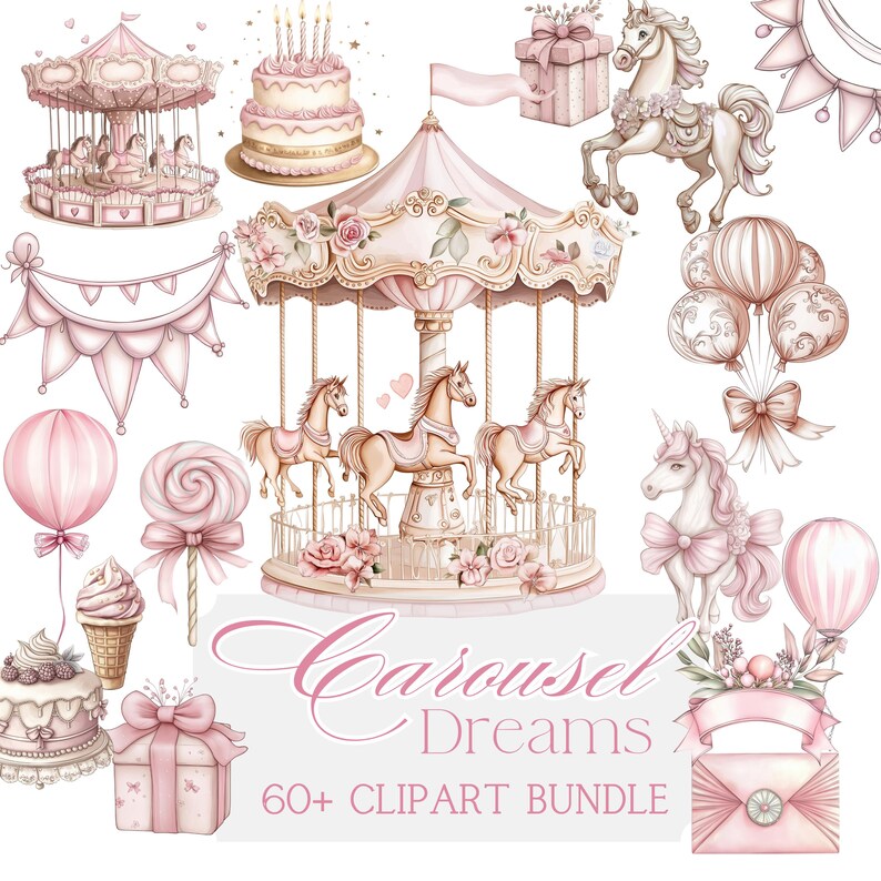 Pink carousel horse clipart with girly theme on transparent background