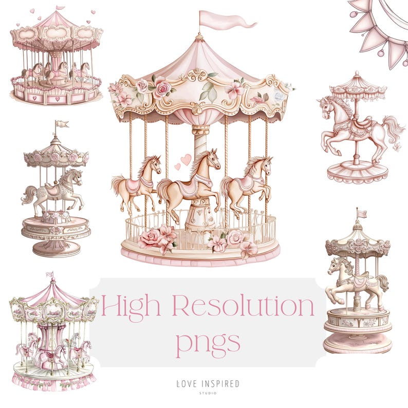 Whimsical pink carousel illustration with golden accents for party decor