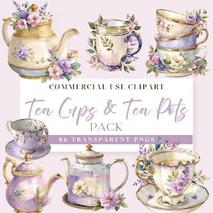 Könnte beinhalten: Aquarell-Cliparts mit Teetassen und Teekannen mit floralen Designs. Das Bild zeigt verschiedene Teetassen, Teekannen und einen Glasbecher, alle mit Pastellfarben und Blumenarrangements verziert. Der Text lautet "Tea Cups & Tea Pots PACK".