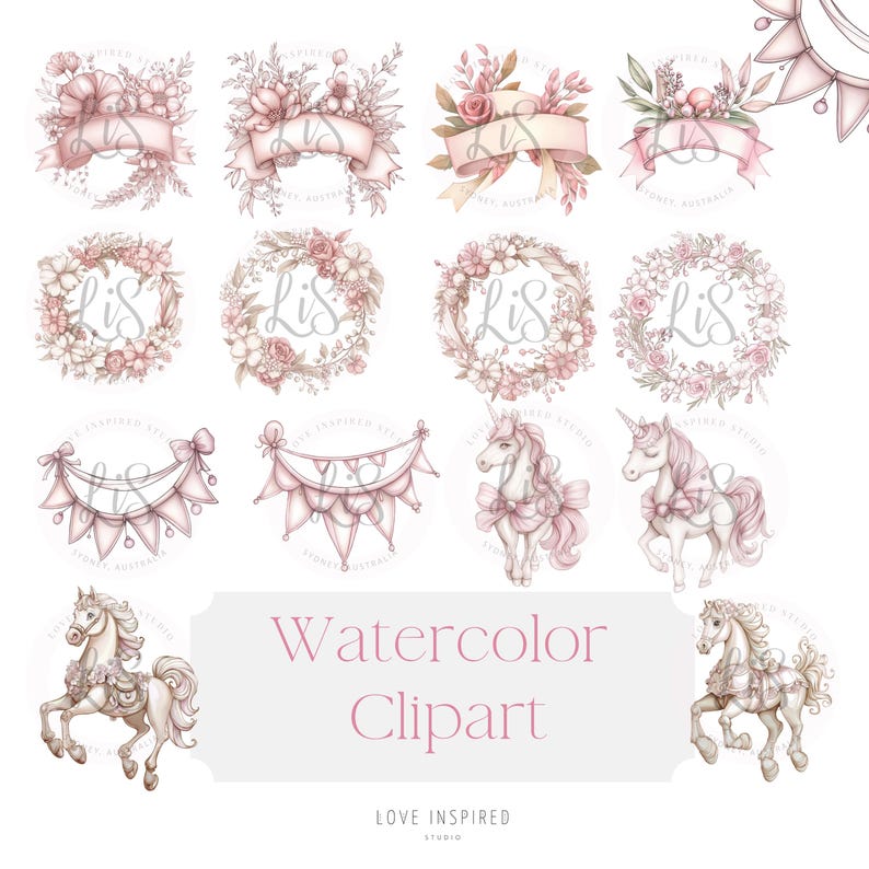 Carousel ride clipart in soft pink tones with floral decorations