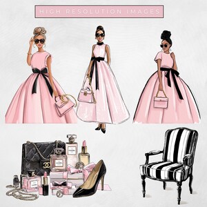 May include: Illustration featuring three women in pink gowns with black bows, sunglasses, and handbags. Accessories include a black handbag, perfume bottles, a black high heel, and a black and white striped chair. Text at the top reads "HIGH RESOLUTION IMAGES."