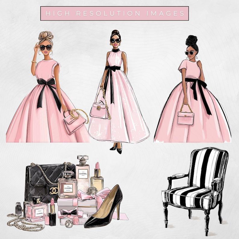 May include: Illustration featuring three women in pink gowns with black bows, sunglasses, and handbags. Accessories include a black handbag, perfume bottles, a black high heel, and a black and white striped chair. Text at the top reads "HIGH RESOLUTION IMAGES."