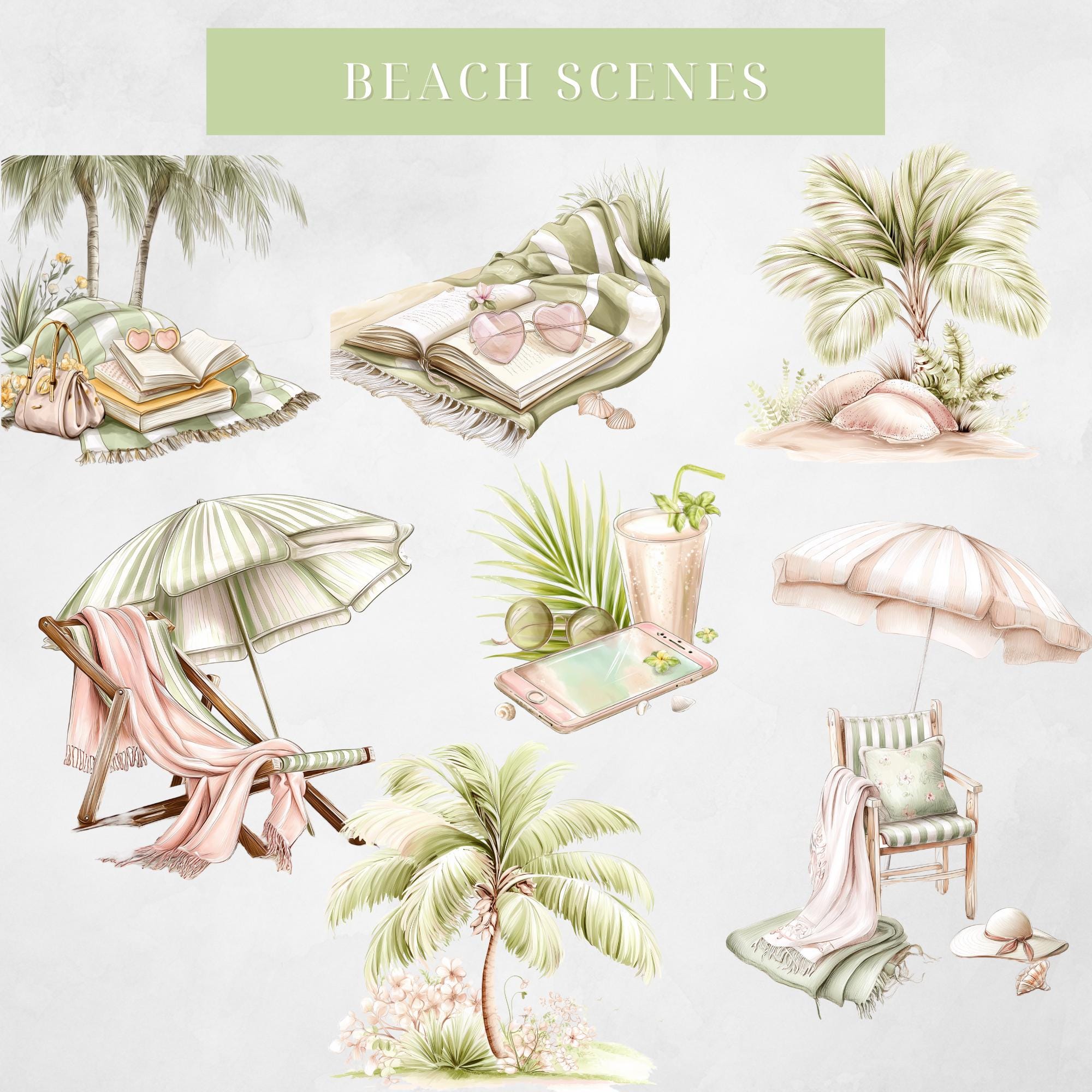 Palm Breeze Clipart Mega Bundle: Pastel Watercolor Beach Vacation Pngs ...