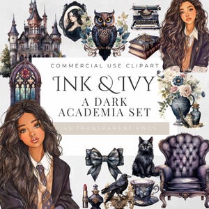 Dark Academia Clipart, 45 Watercolor Gothic PNG, Vintage Aesthetic Graphics for Scrapbooking & Journals, Commerical Use, Instant Download