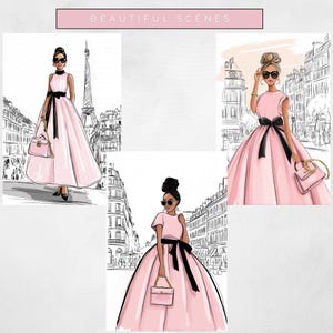 May include: Four illustrations of women in pink dresses with black bows and handbags, set against a black and white cityscape. The Eiffel Tower is visible in one image. The text "BEAUTIFUL SCENES" is at the top.
