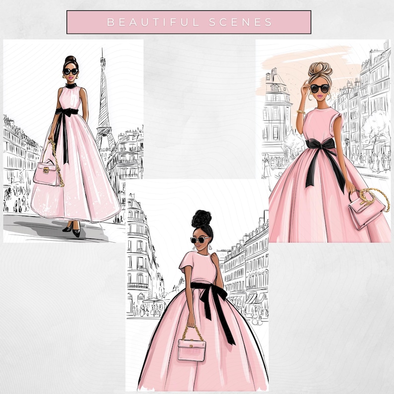 May include: Four illustrations of women in pink dresses with black bows and handbags, set against a black and white cityscape. The Eiffel Tower is visible in one image. The text "BEAUTIFUL SCENES" is at the top.