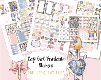 Pegatinas para agenda de Cafe Girl: Pegatinas semanales imprimibles (PDF, JPEG, archivos recortados)