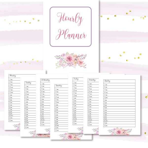A5 Size Hourly Planner Printable Insert, Undated Day Daily Planner, Floral Watercolor Diary Insert , Printable Planner Pages, Daily Schedule