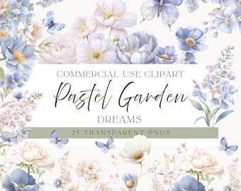 May include: A digital illustration featuring a floral design with pastel blue and white flowers, butterflies, and the text "Pastel Garden Dreams." The image is labeled as commercial use clipart with 25 transparent PNGs.