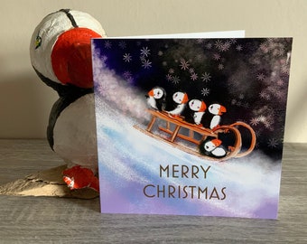 Puffin Sleigh Ride. Quirky Card. Christmas Card, Puffins. Cute Card. Puffin Art.