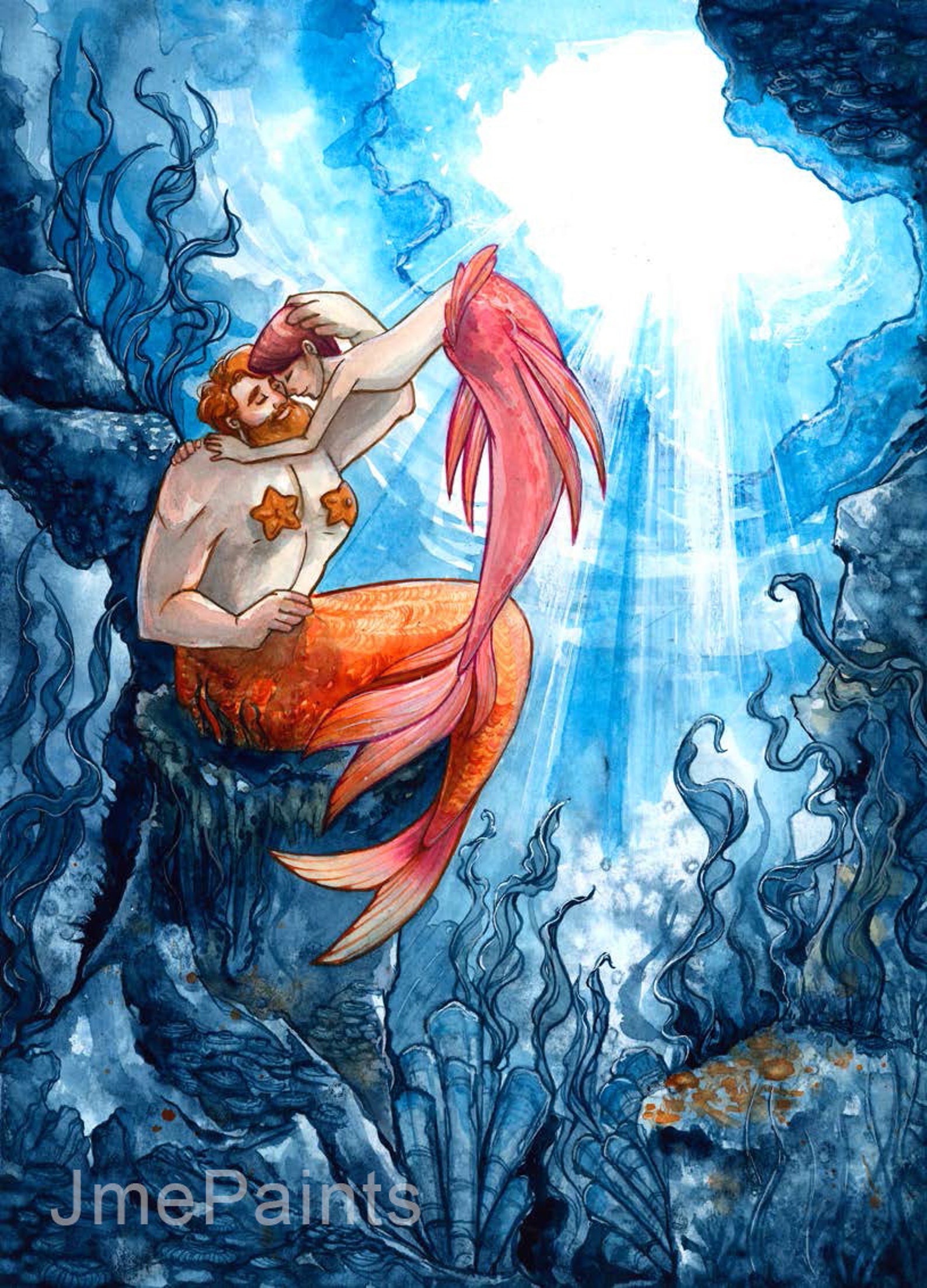 ORIGINAL Gay Mermen Watercolor Painting Artwork Wall Decor Etsy