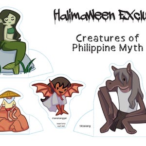 May include: A collection of paper cutouts featuring creatures from Philippine mythology. Includes a mermaid, a creature with bat wings, a horse-headed humanoid, and a figure with a straw hat. The text reads "Halimaween Exclusive! Creatures of Philippine Myth."