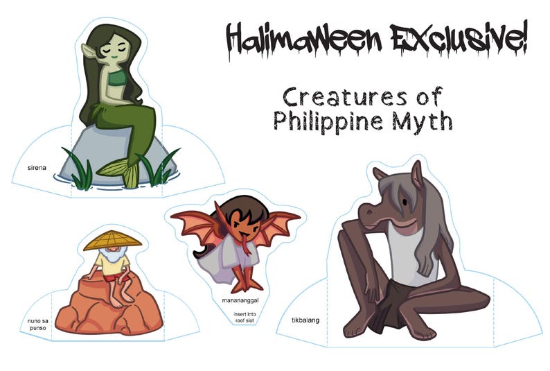 May include: A collection of paper cutouts featuring creatures from Philippine mythology. Includes a mermaid, a creature with bat wings, a horse-headed humanoid, and a figure with a straw hat. The text reads "Halimaween Exclusive! Creatures of Philippine Myth."