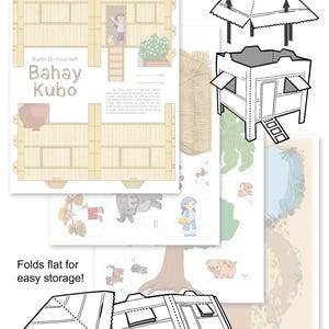 May include: A Build-It-Yourself Bahay Kubo papercraft kit. The kit includes illustrated cut-out pieces for a traditional Filipino house, along with animal and landscape elements. The text says "Quick assembly!" and "Folds flat for easy storage!"