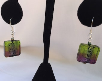 Purple and green foiled art glass square drop earrings