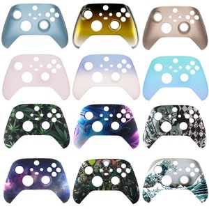 May include: Twelve different Xbox Series X controller faceplates. The faceplates are in various colours and designs, including blue, gold, pink, light blue, green, purple, black and white, and a wave design.