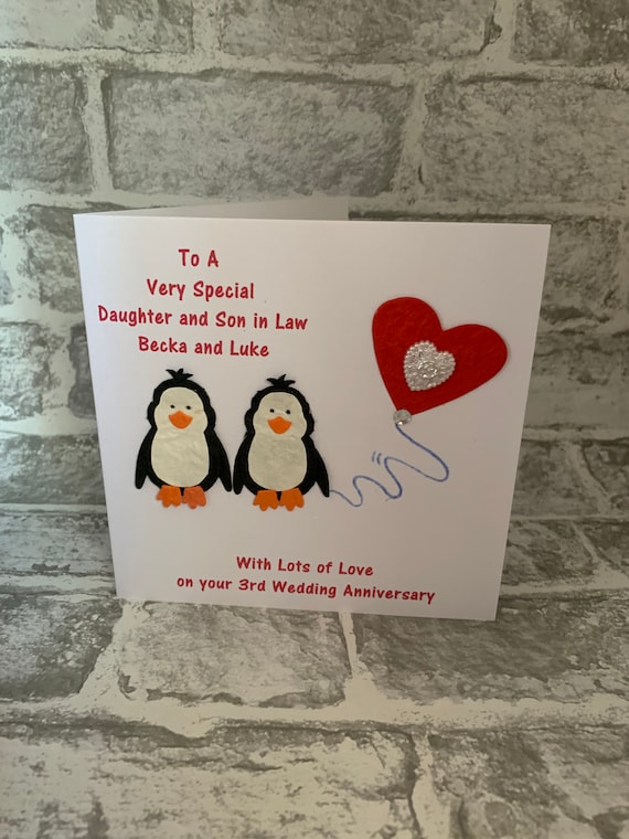 Personalised Anniversary Penguin Couple 6sq Card Husband pic image