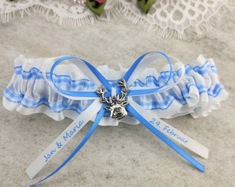 White and blue checked bridal garter - personalised