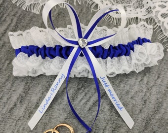 Bridal Garter in white and blue with names and date