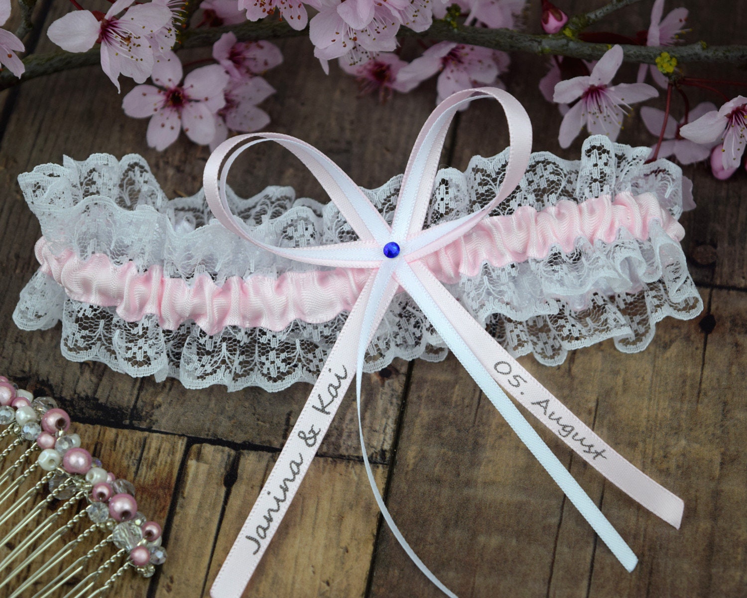 Bridal Garter white lace and pink satin - with customisable bow