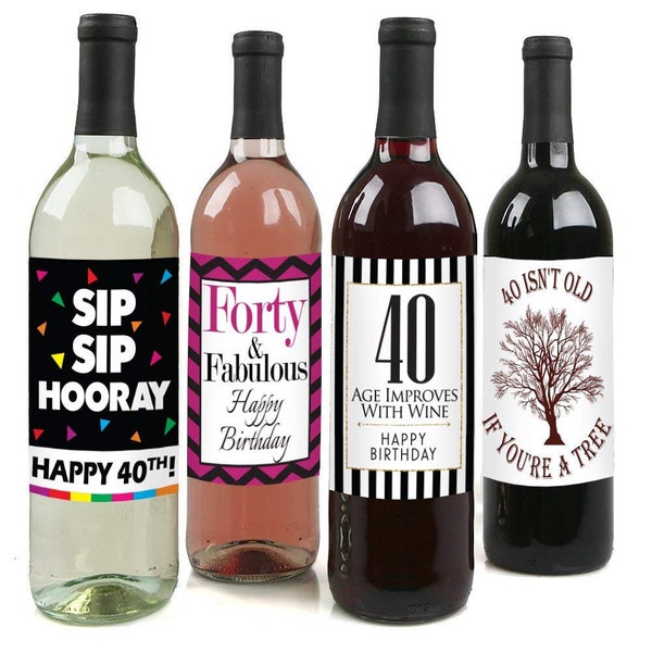Chic 40th Birthday Wine Label Pack - Birthday Party Supplies, Ideas and Decorations - Funny Birthday Gifts for Women
