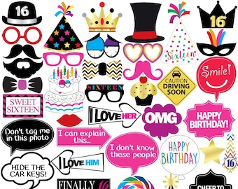 16th Birthday Photo Booth Party Props - 40 Pieces - Funny Sweet Sixteen Birthday Party Supplies, Decorations and Favors
