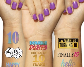 10th Birthday Temporary Tattoos (4 Pages) - 10th Birthday Party Supplies, Ideas, Gifts and Decorations