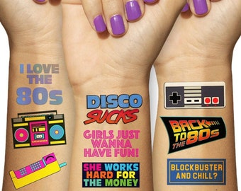 Retro 80s Theme Temporary Tattoos (5 Pages) - Funny 1980's Theme Party Decoration, Favors & Supplies