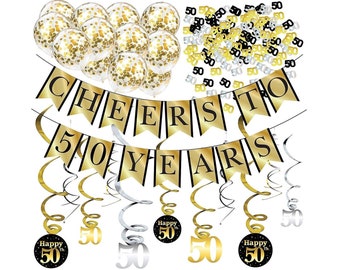 50th Birthday and Anniversary Decorations Party Pack - Cheers to 50 Years Banner, Balloons, Swirls and Confetti Party Supplies