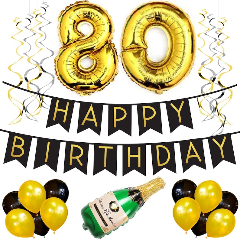 80th Birthday Party Pack Black Gold Happy Birthday Etsy