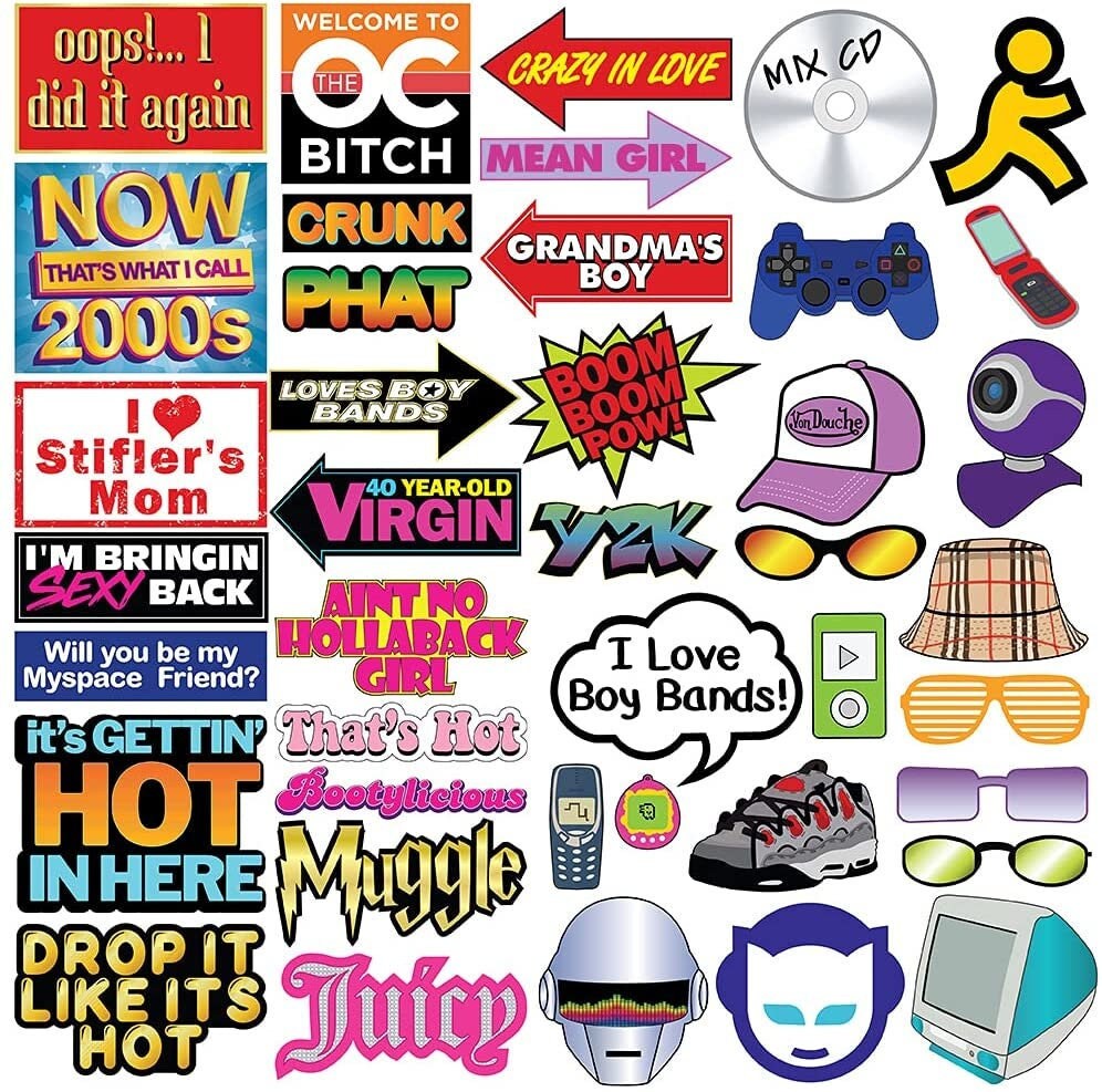 Throwback 2000s and 1990s Photo Booth Prop Set Funny 2000s and 90s Theme Party Decoration Favors Supplies